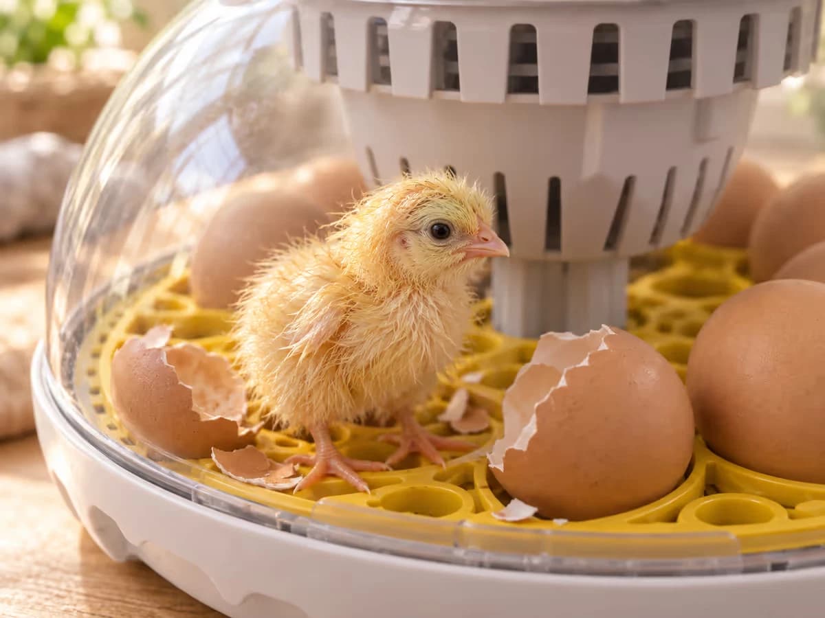 Poussin jaune encore humide sur le fond de la couveuse, fragments de coquille autour, dôme transparent en arrière-plan