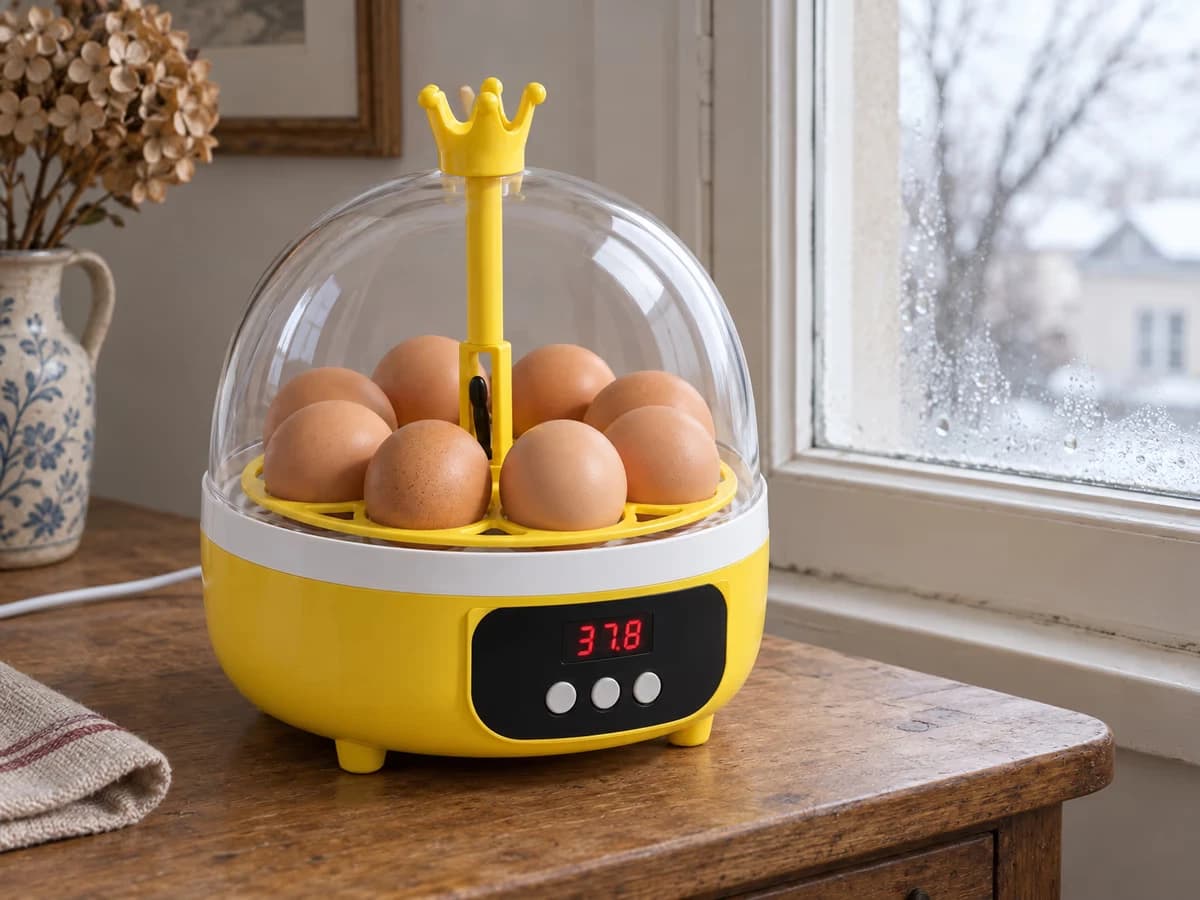 Couveuse au dôme transparent posée à côté d'une fenêtre vitrée avec condensation, écran de température allumé, lumière d'hiver