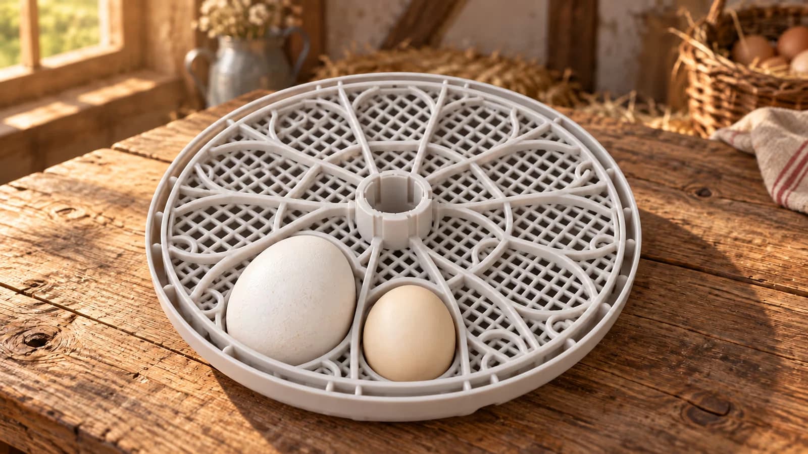 Grille à logements posée sur une table de grange, un oeuf d'oie blanc et un oeuf de cane plus petit chacun dans leur case, lumière de fin de journée