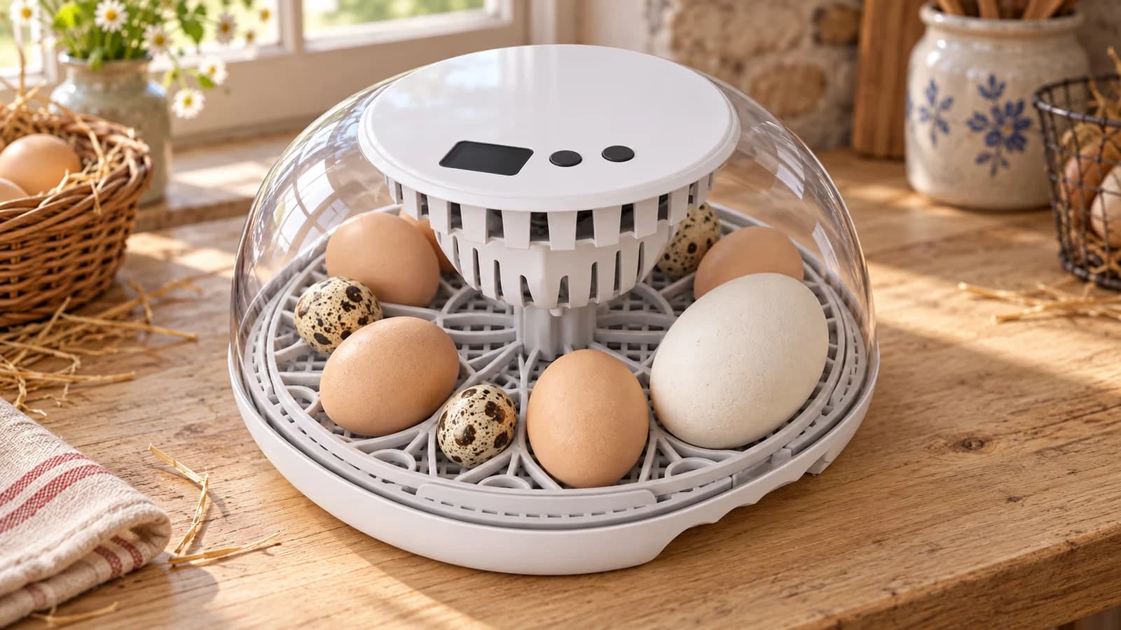 Couveuse au couvercle transparent posée sur un plan de travail, plateau à logements où se côtoient un gros oeuf blanc d'oie et des oeufs bruns de poule