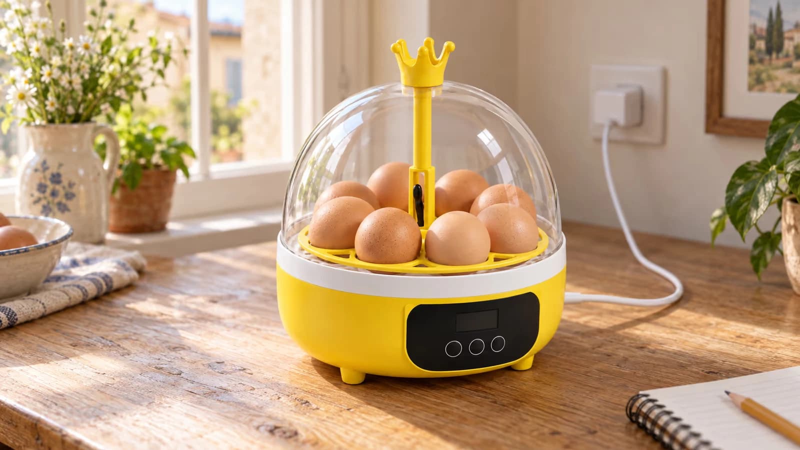 Couveuse compacte à dôme transparent et base jaune posée sur un bureau de bois clair près d'une fenêtre, câble USB branché
