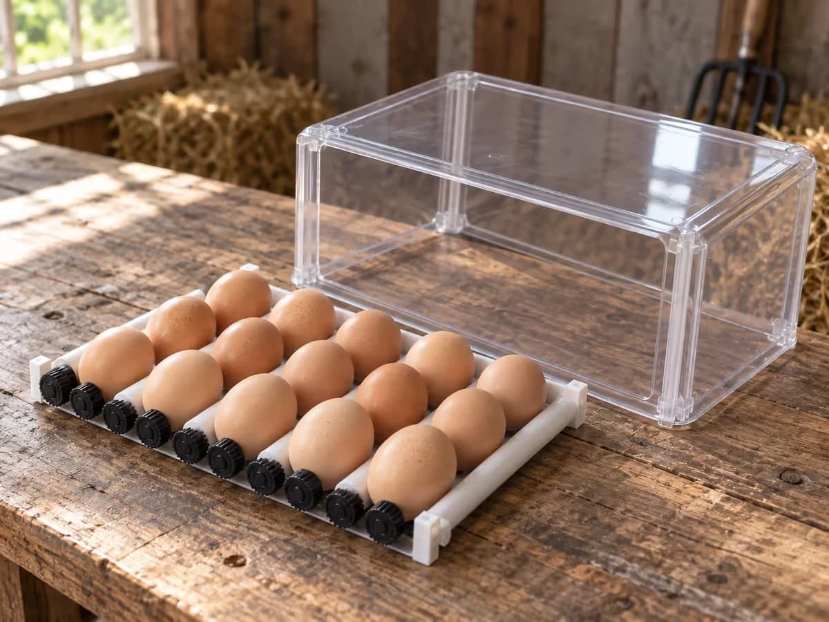 Tiroir à rouleaux sorti sur une table de grange, capot transparent relevé à côté, oeufs bruns visibles entre les barres blanches