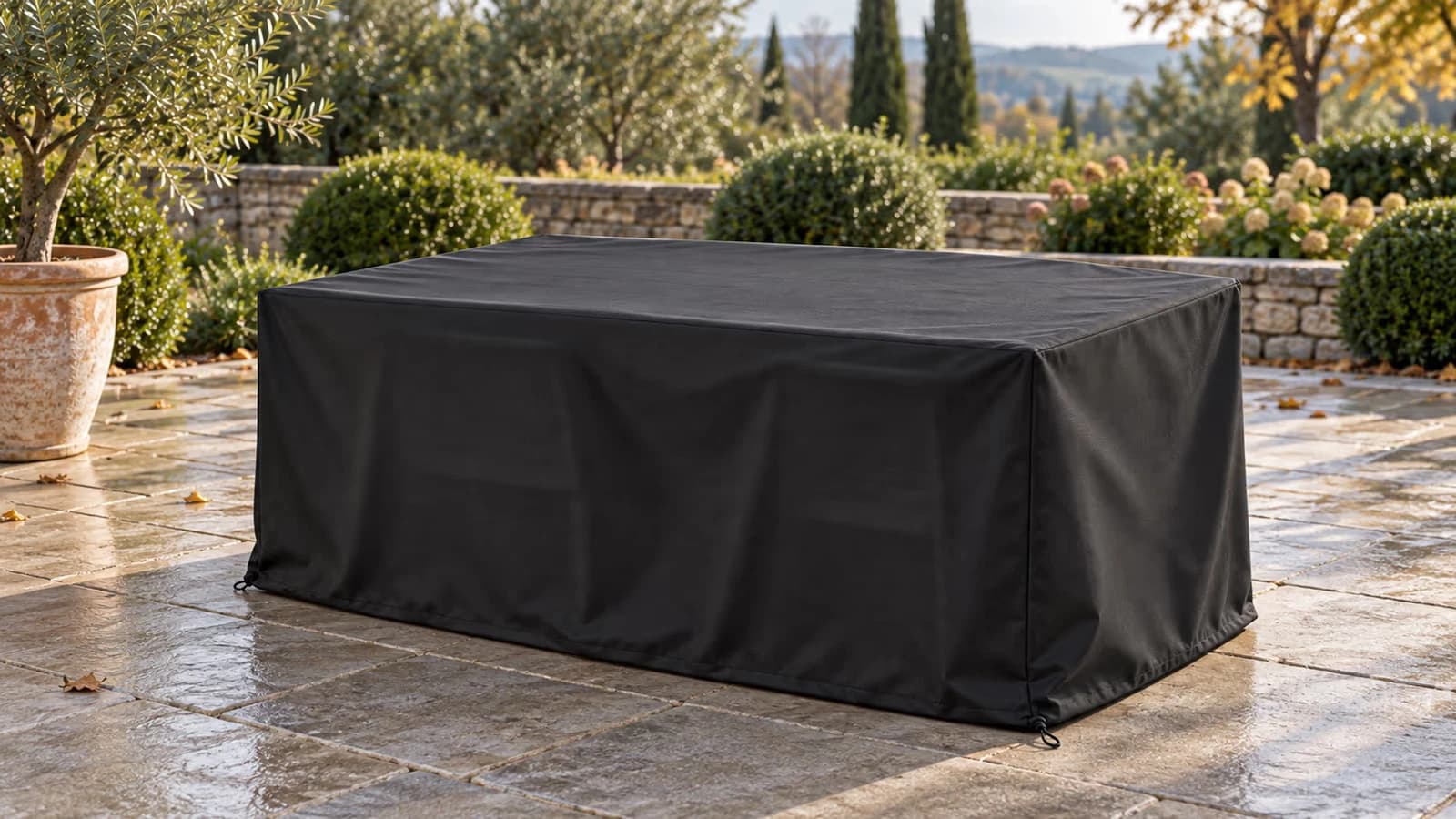 Table de jardin rectangulaire couverte d'une housse noire, deux chaises poussées dessous, terrasse en dalles un matin d'automne