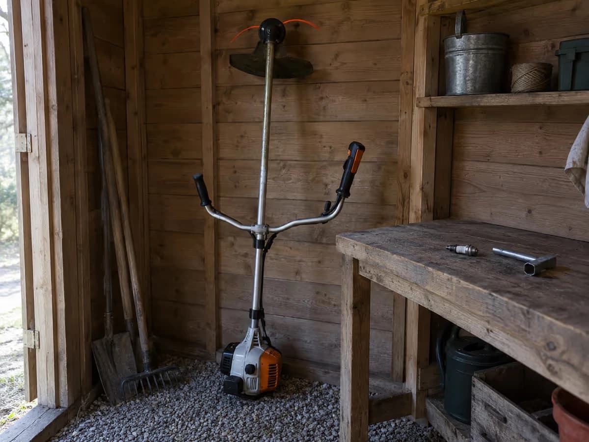 Débroussailleuse thermique rangée tête de coupe vers le haut dans un abri en bois, bougie déposée sur l'établi à côté d'une clé à bougie