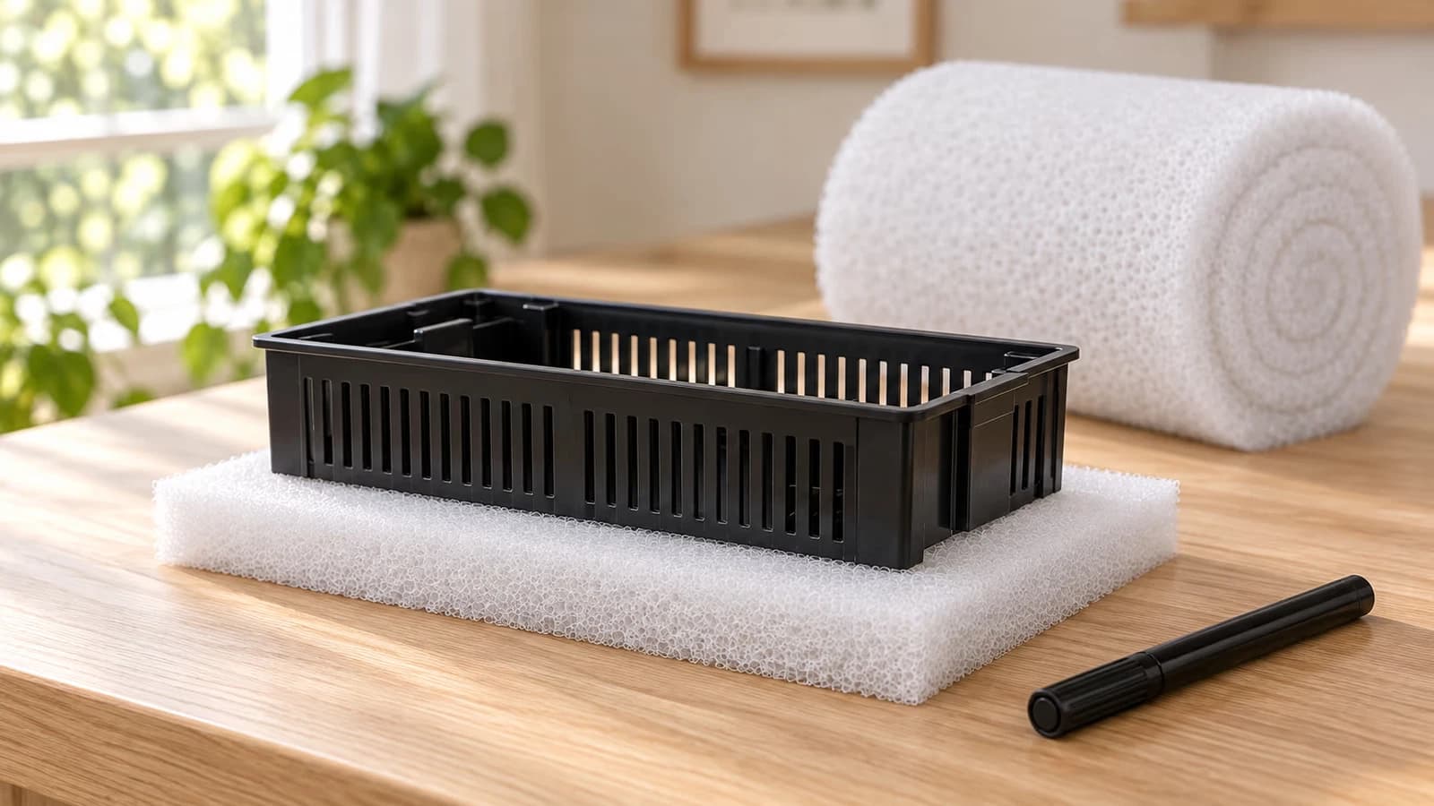 Une plaque de mousse filtrante posée à plat sur un plan de travail, un panier de filtre d'aquarium posé dessus pour servir de gabarit