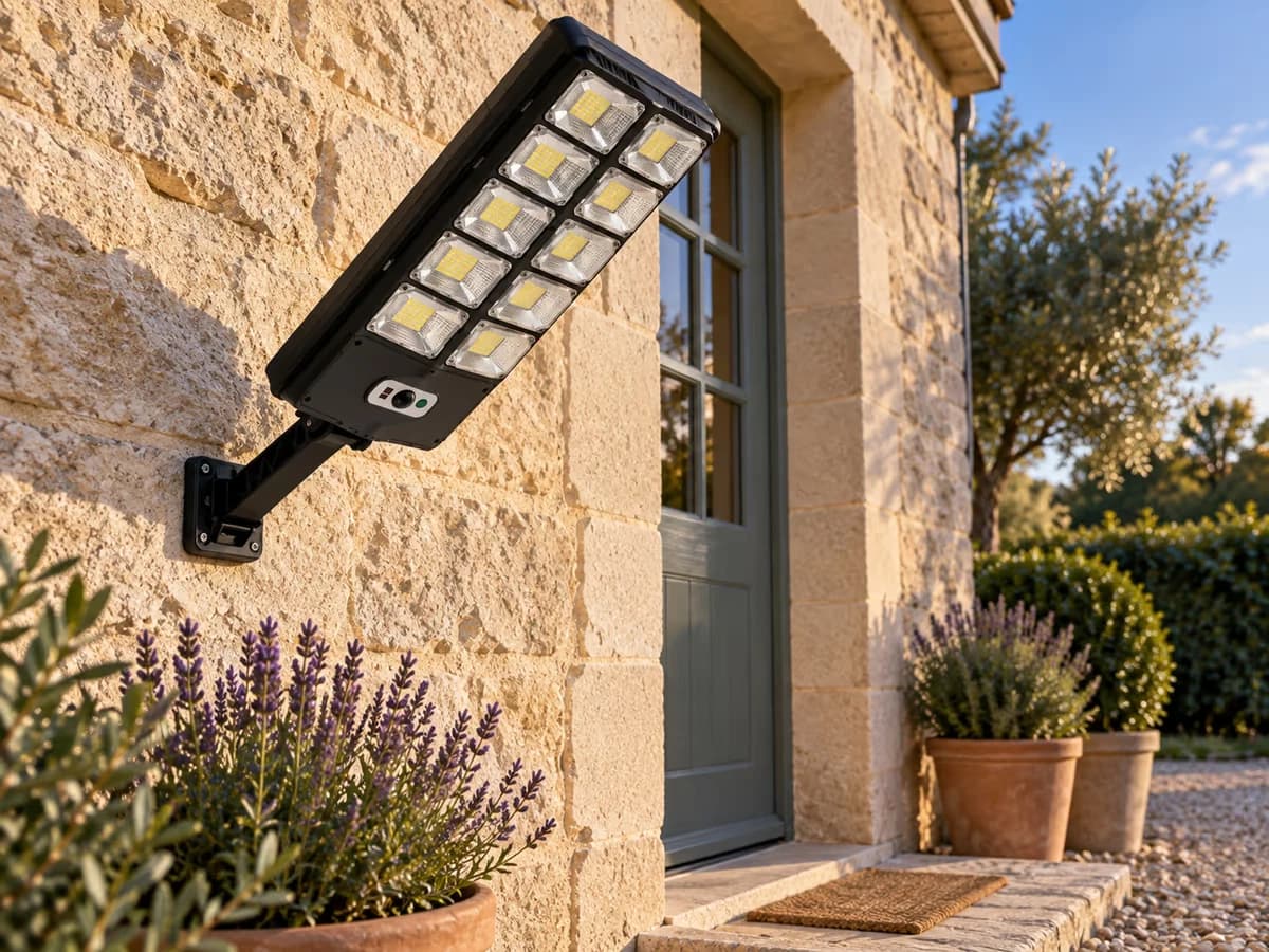 Bras de fixation articulé d'une applique solaire incliné contre un mur, corps orienté vers le bas au-dessus d'un seuil de porte