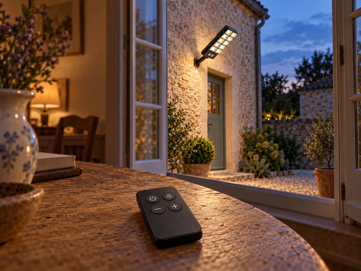 Télécommande de lampe posée sur un rebord de table, près d'une porte-fenêtre éclairée par une applique solaire au crépuscule