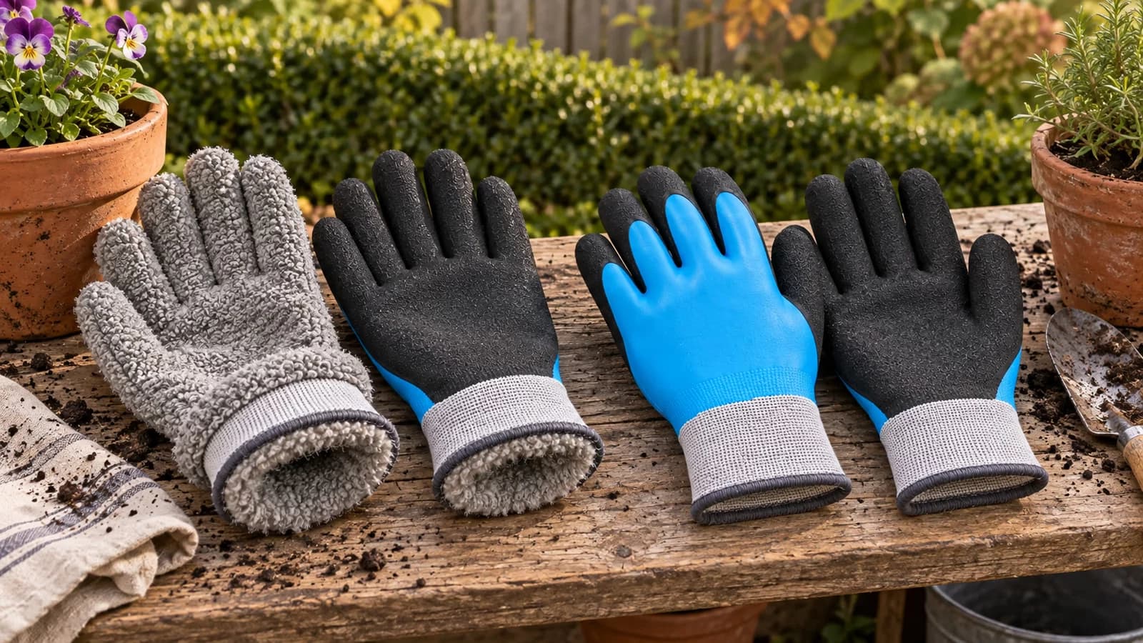 Deux paires de gants de jardinage côte à côte sur une table de rempotage en bois, l'une retournée sur son garnissage duveteux