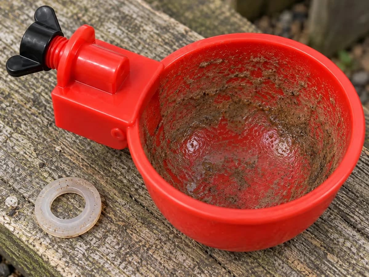 Gros plan sur la paroi intérieure d'un bol abreuvoir rouge couverte d'un dépôt, rondelle translucide posée à côté sur une planche