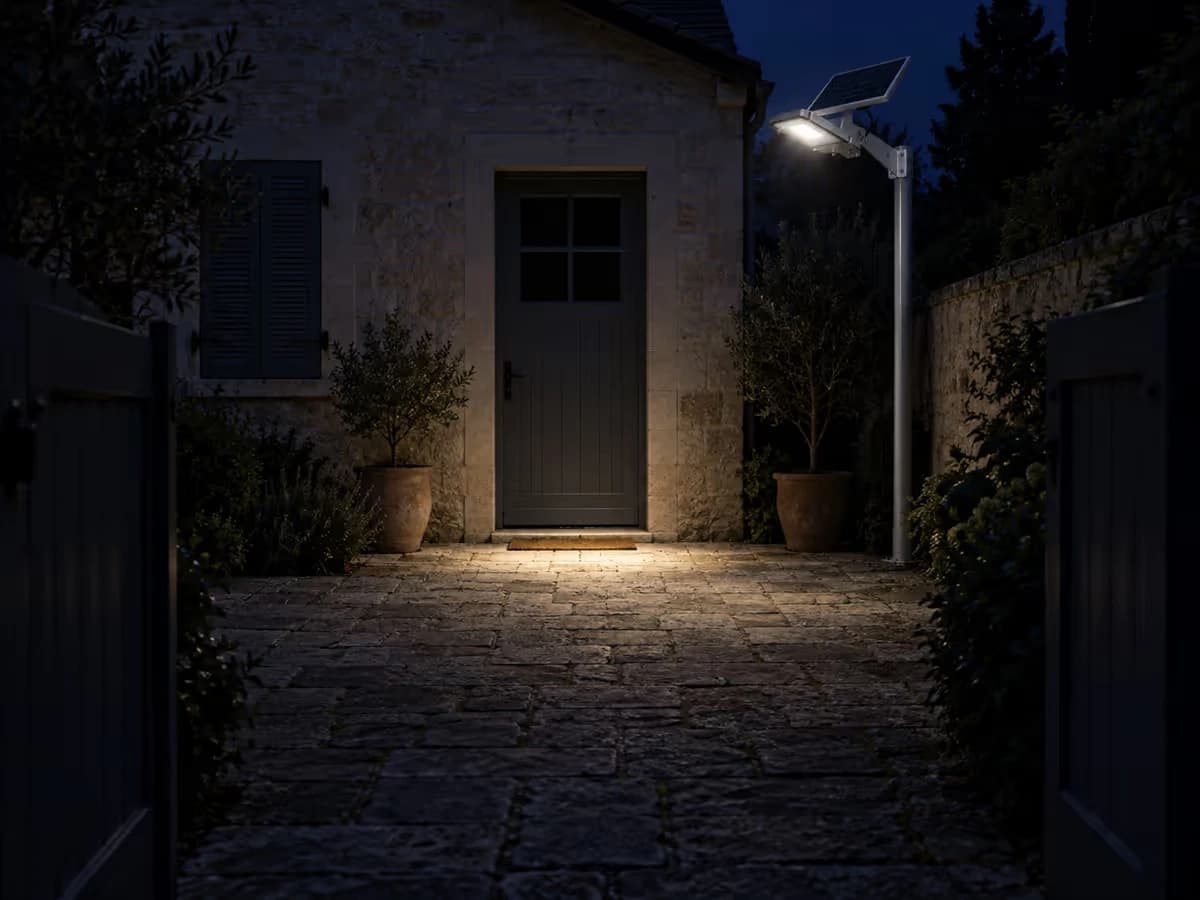 Cour pavée la nuit vue depuis le portail, bande de sol éclairée devant la porte et reste de la cour dans l'ombre