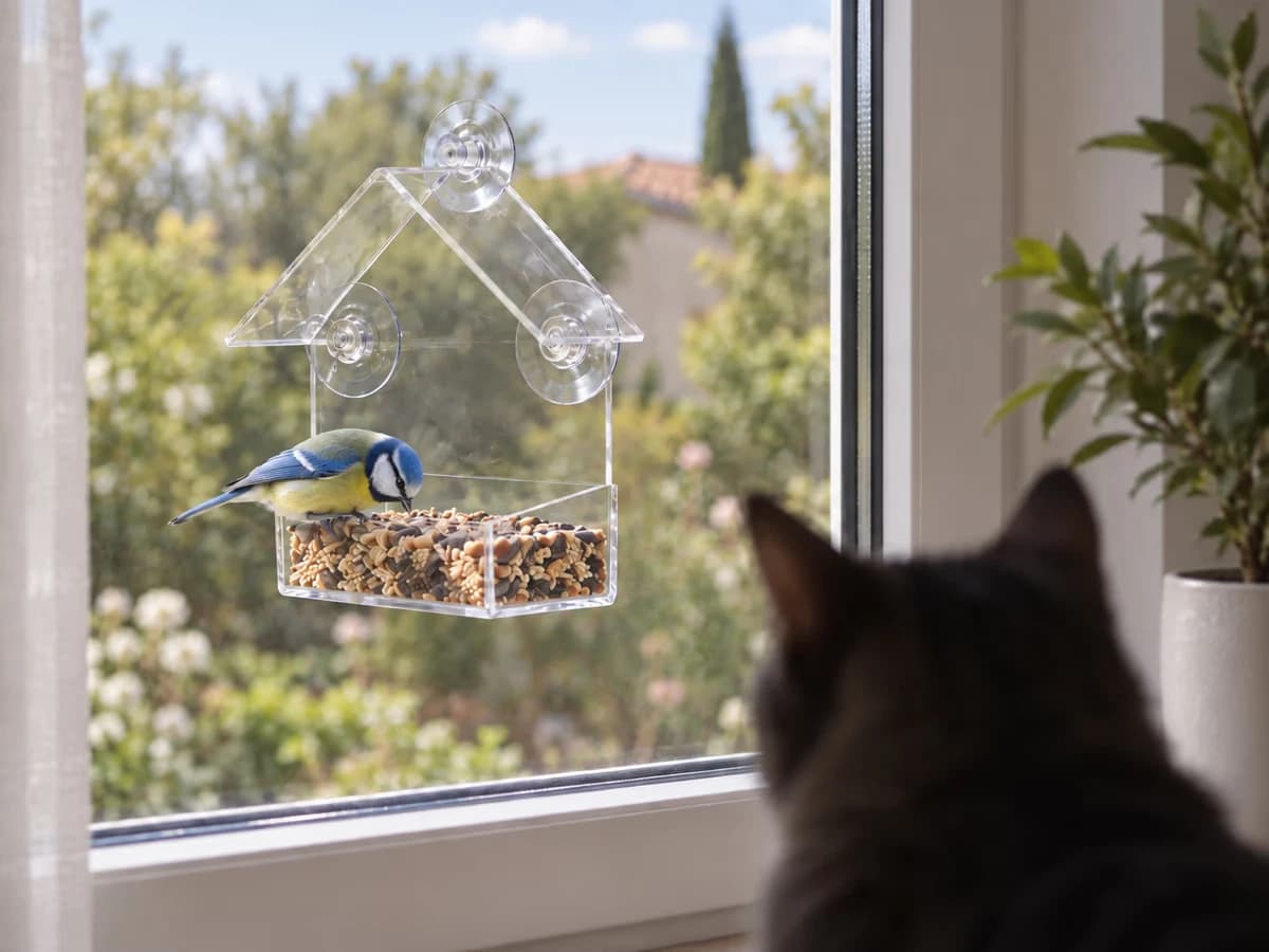 Mésange bleue posée sur une mangeoire transparente plaquée contre un carreau, silhouette de chat assise de l'autre côté du verre