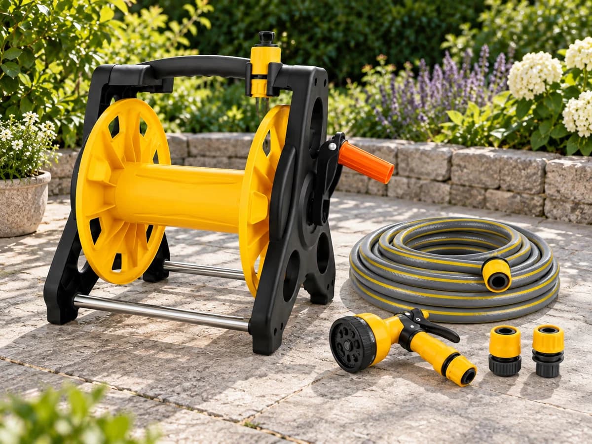 Enrouleur noir et jaune accompagné d'un tuyau soigneusement lové, d'une lance et de raccords sur une terrasse claire