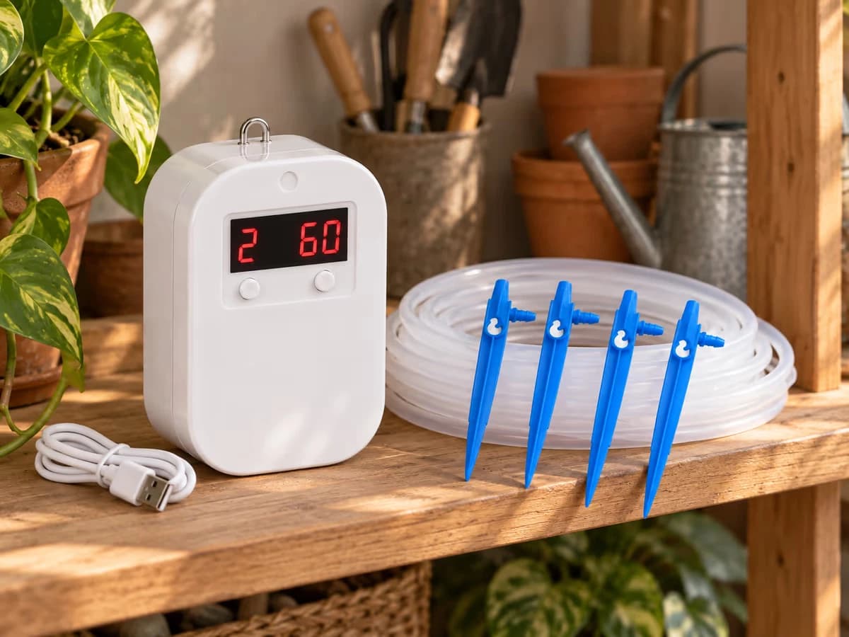 Boîtier blanc d'arrosage posé près de son câble USB sur une étagère, tuyau silicone enroulé sans tension à côté