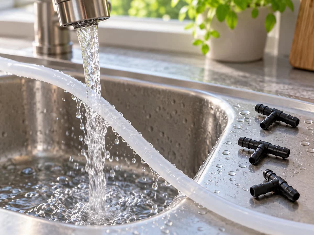 Tuyau silicone translucide tenu sous un filet d'eau au-dessus d'un évier, trois raccords en T noirs posés à côté