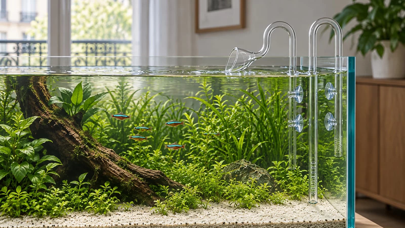 Un rejet en verre terminé par une cloche évasée affleurant la surface d'un aquarium planté, le tube d'aspiration droit descendant vers le fond sablonneux