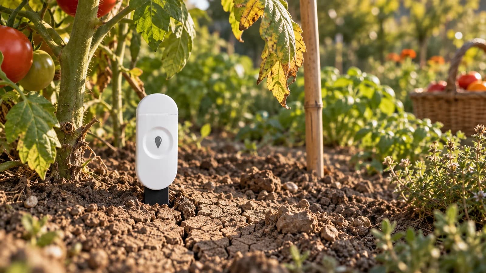Capteur de sol blanc planté au pied d'un plant de tomate, terre sèche et fissurée en surface, lumière rasante de fin d'été