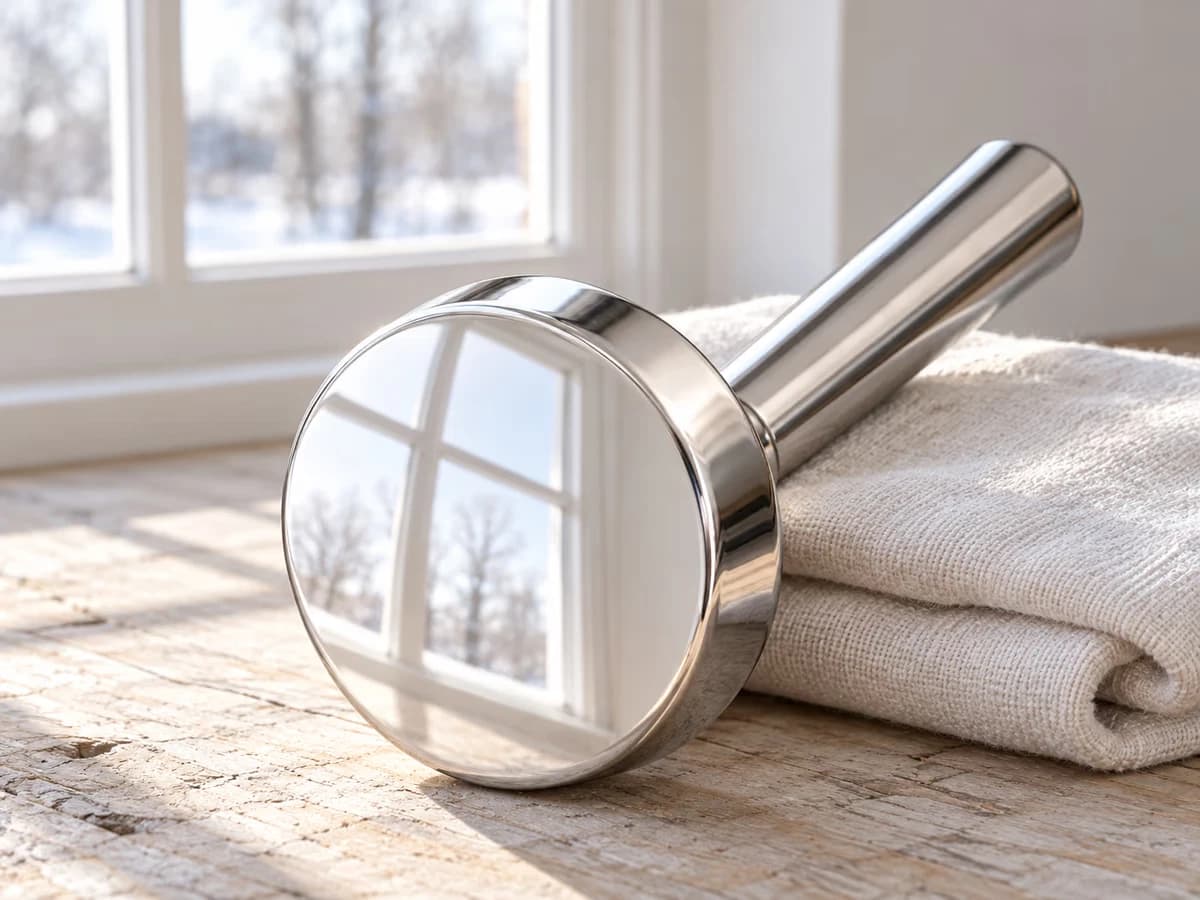 Tête ronde en inox tournée vers la lumière d'une fenêtre pour vérifier le reflet du poli
