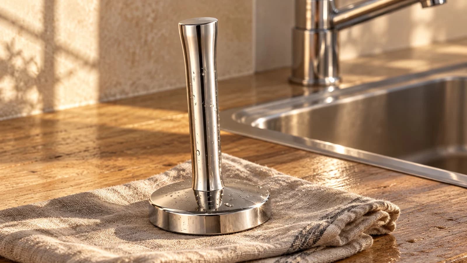 Pilon à viande en inox à tête ronde posé sur un linge près d'un évier, fin d'après-midi