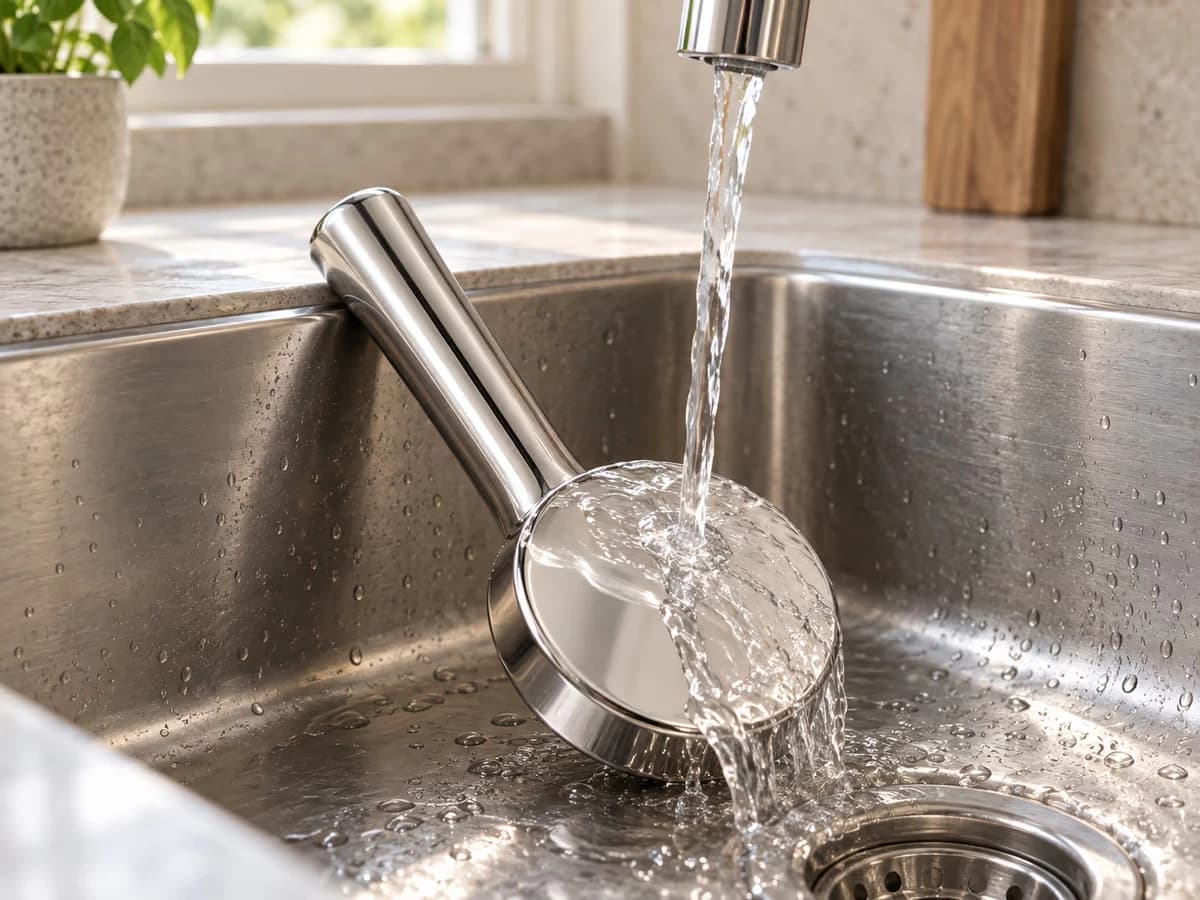 Face ronde d'un pilon en inox rincée sous un filet d'eau tiède au-dessus d'un évier