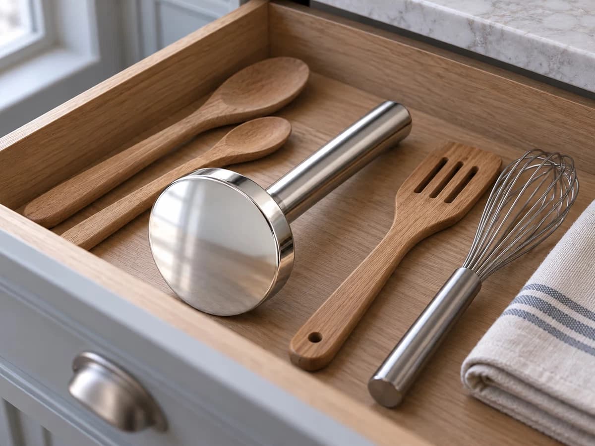 Pilon en inox à tête ronde rangé dans un tiroir de cuisine avec des ustensiles, lumière d'hiver