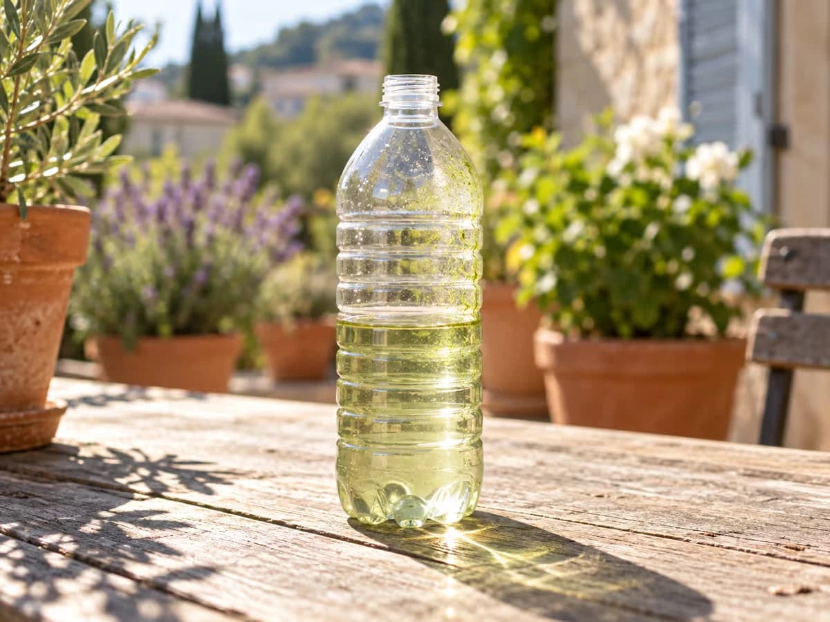 Bouteille en plastique transparente à moitié pleine posée en plein soleil, paroi intérieure verdie par un film d'algues