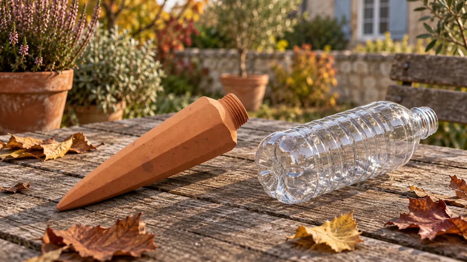 Pique d'arrosage en terre cuite sur une table de jardin en fin de saison, cône sec et bouteille dévissée à côté