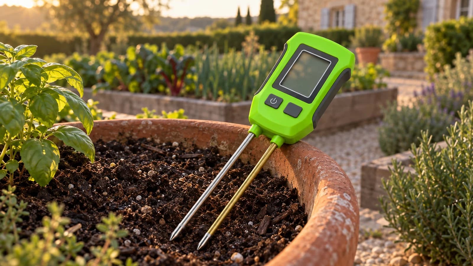 Testeur de sol numérique à écran LCD posé sur un pot de terreau, deux sondes propres, lumière douce de fin de journée