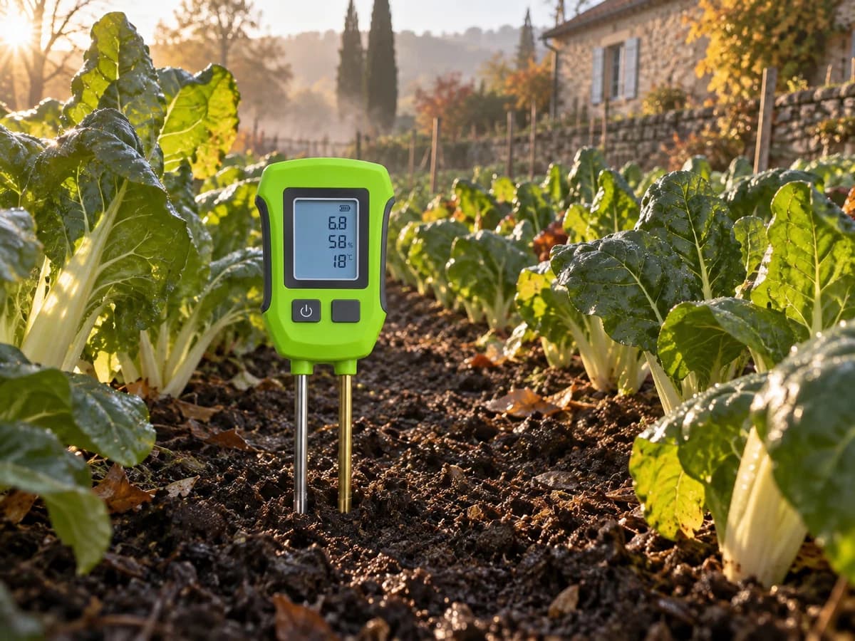 Testeur de sol numérique planté entre deux rangs de blettes en octobre, terre sombre, lumière rasante du soir
