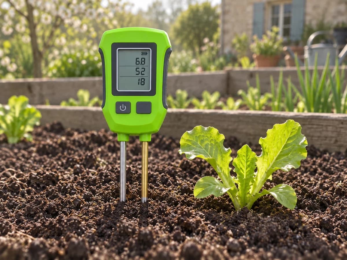 Testeur de sol numérique planté dans une planche de terre fraîchement griffée, jeune plant de salade à côté, lumière d'avril