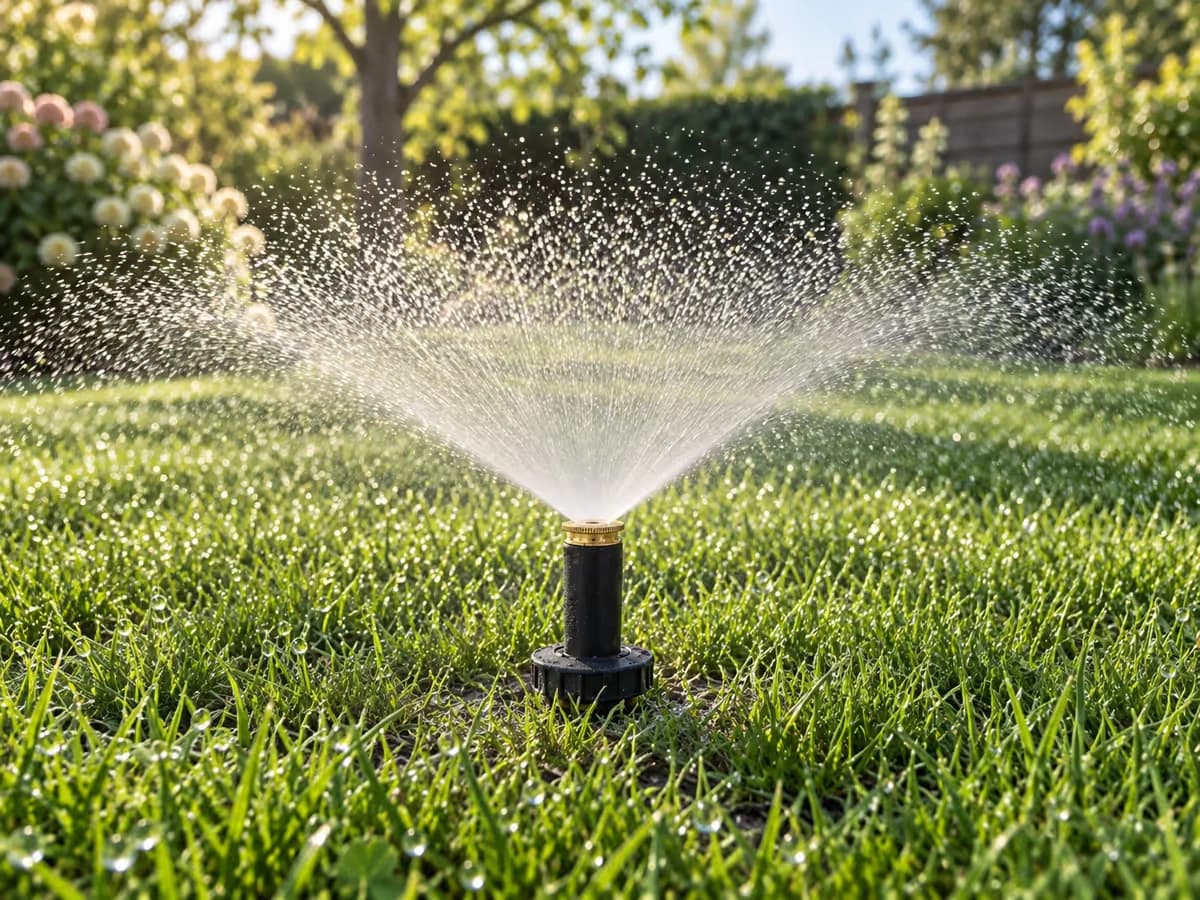 Un arroseur escamotable tête sortie en pleine eau dans une pelouse de printemps, cercle humide visible autour de l'appareil