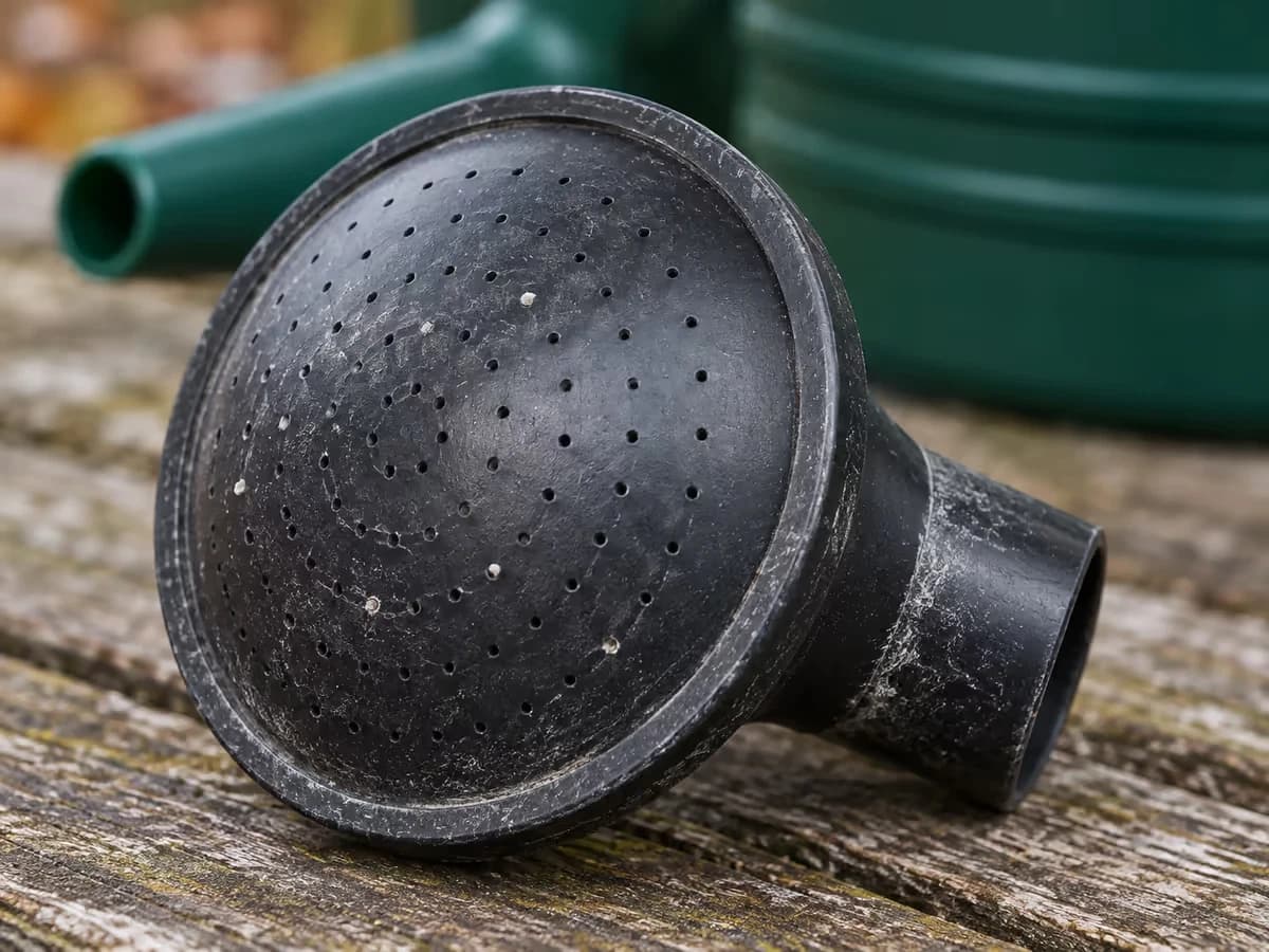 Macro de la pomme noire amovible d'un arrosoir de 5 litres, trous de pluie fine visibles, voile blanchâtre de calcaire sur la collerette
