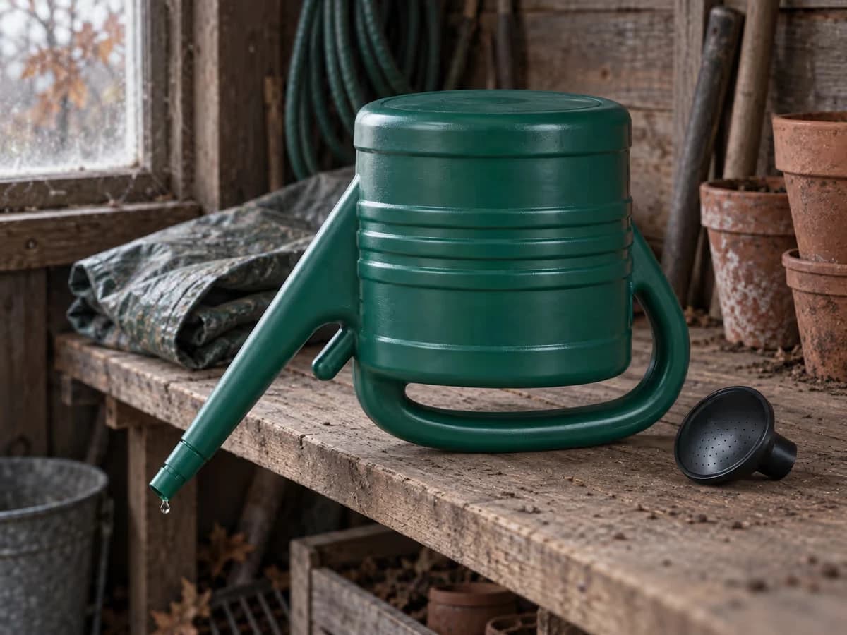 Arrosoir de 5 litres vert foncé posé tête en bas sur une étagère de remise, bec long vers le bas, pomme noire détachée à côté