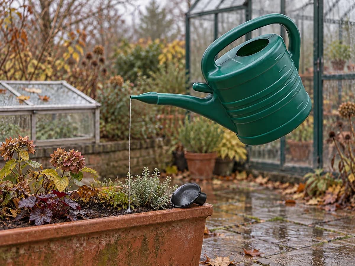 Arrosoir de 5 litres vert foncé incliné bec vers le bas au-dessus d'une jardinière, un filet d'eau claire sortant du bec long