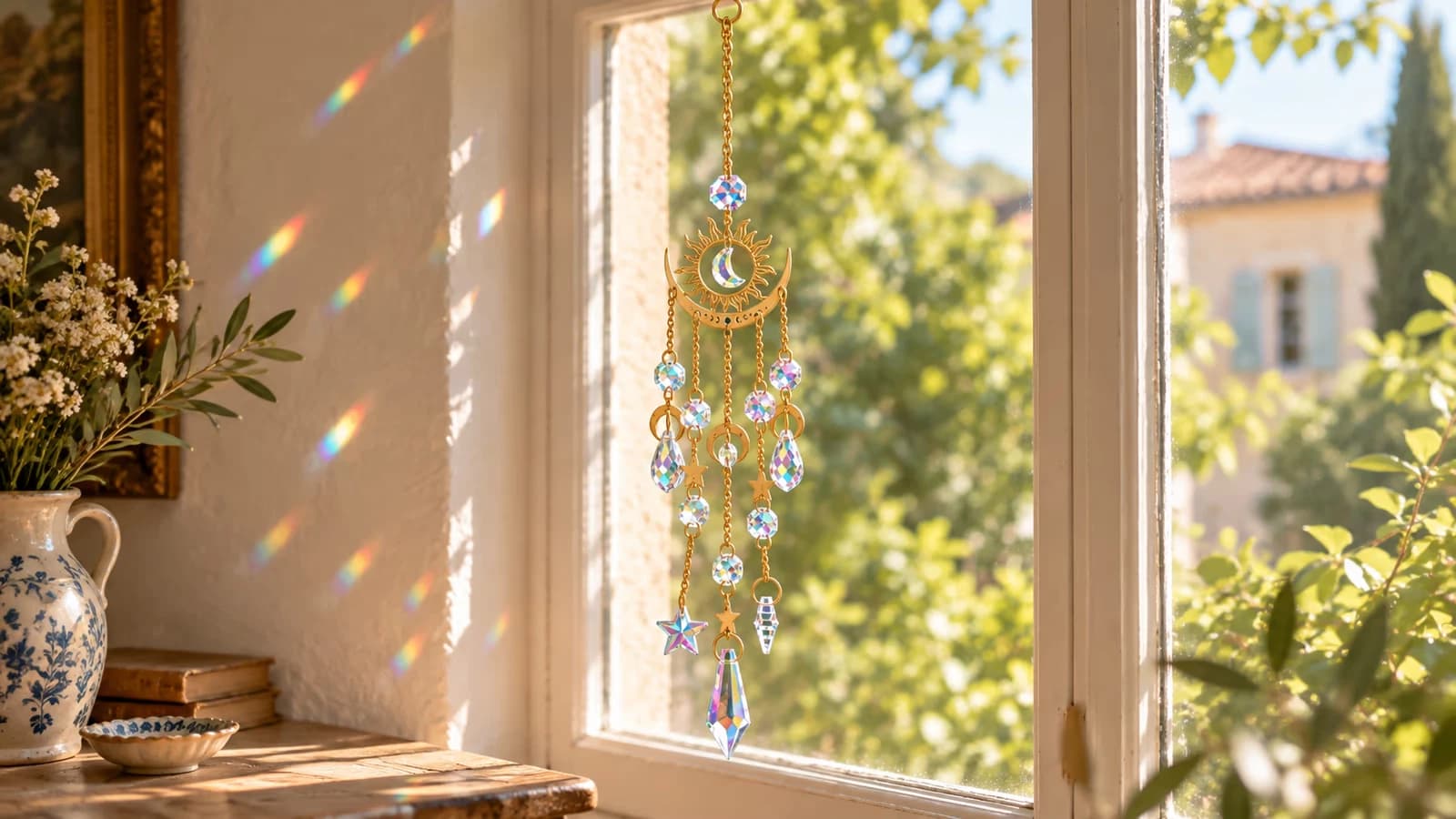 Attrape-soleil étoile et lune suspendu devant un carreau ensoleillé, chaîne dorée réunie sous un anneau unique, taches de couleur sur le mur clair