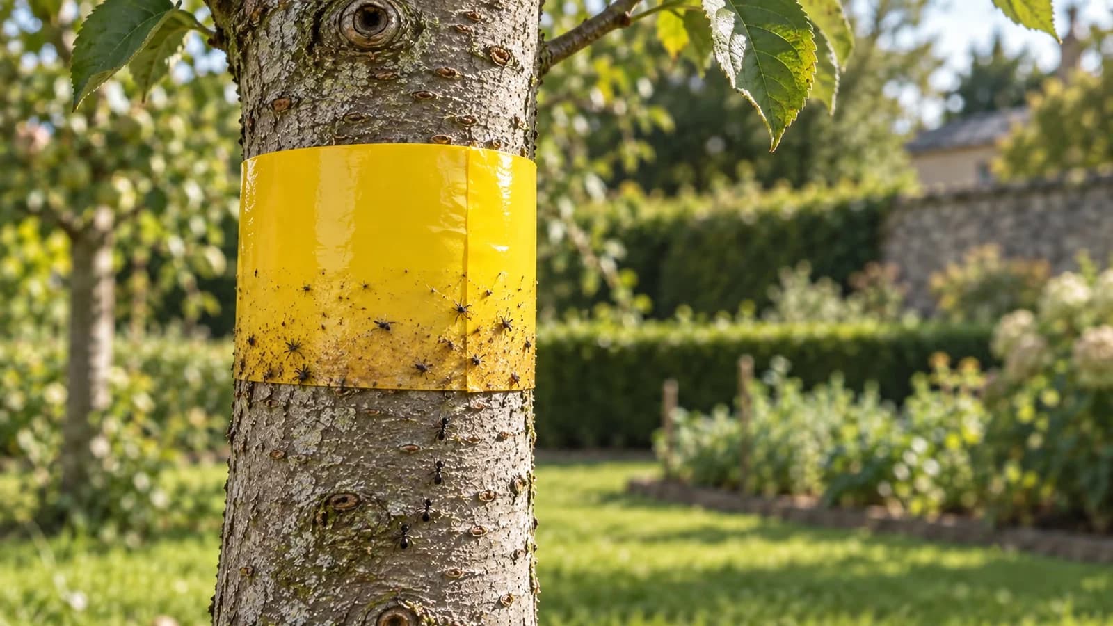 Ceinture de glu jaune enroulée autour du tronc d'un jeune pommier, brune par endroits, dans une lumière de fin d'été