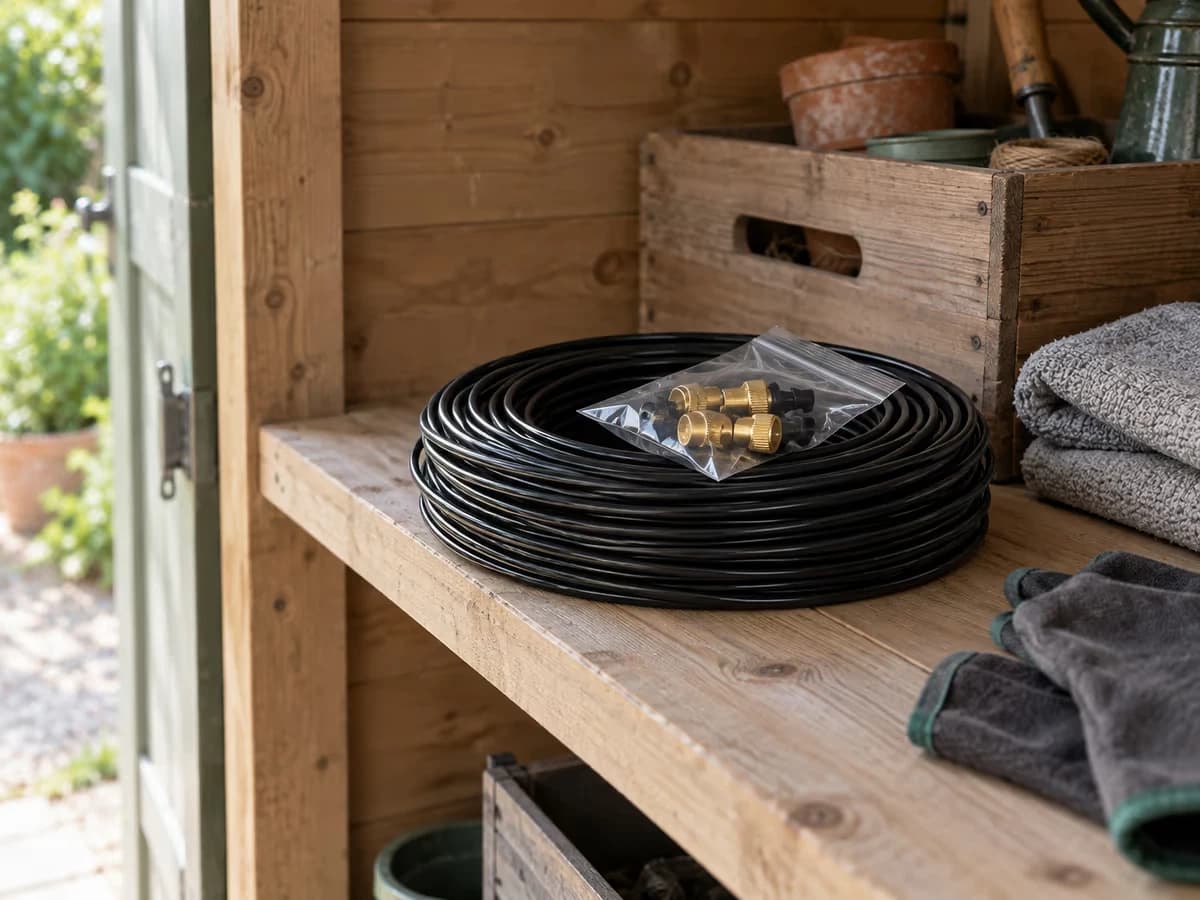 Bobine de tuyau de brumisation enroulée et posée à plat sur une étagère de cabane de jardin, un sachet de buses en laiton posé dessus
