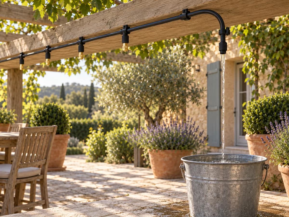Extrémité d'une ligne de brumisation ouverte au-dessus d'un seau, un filet d'eau claire qui coule sous une pergola en fin d'été
