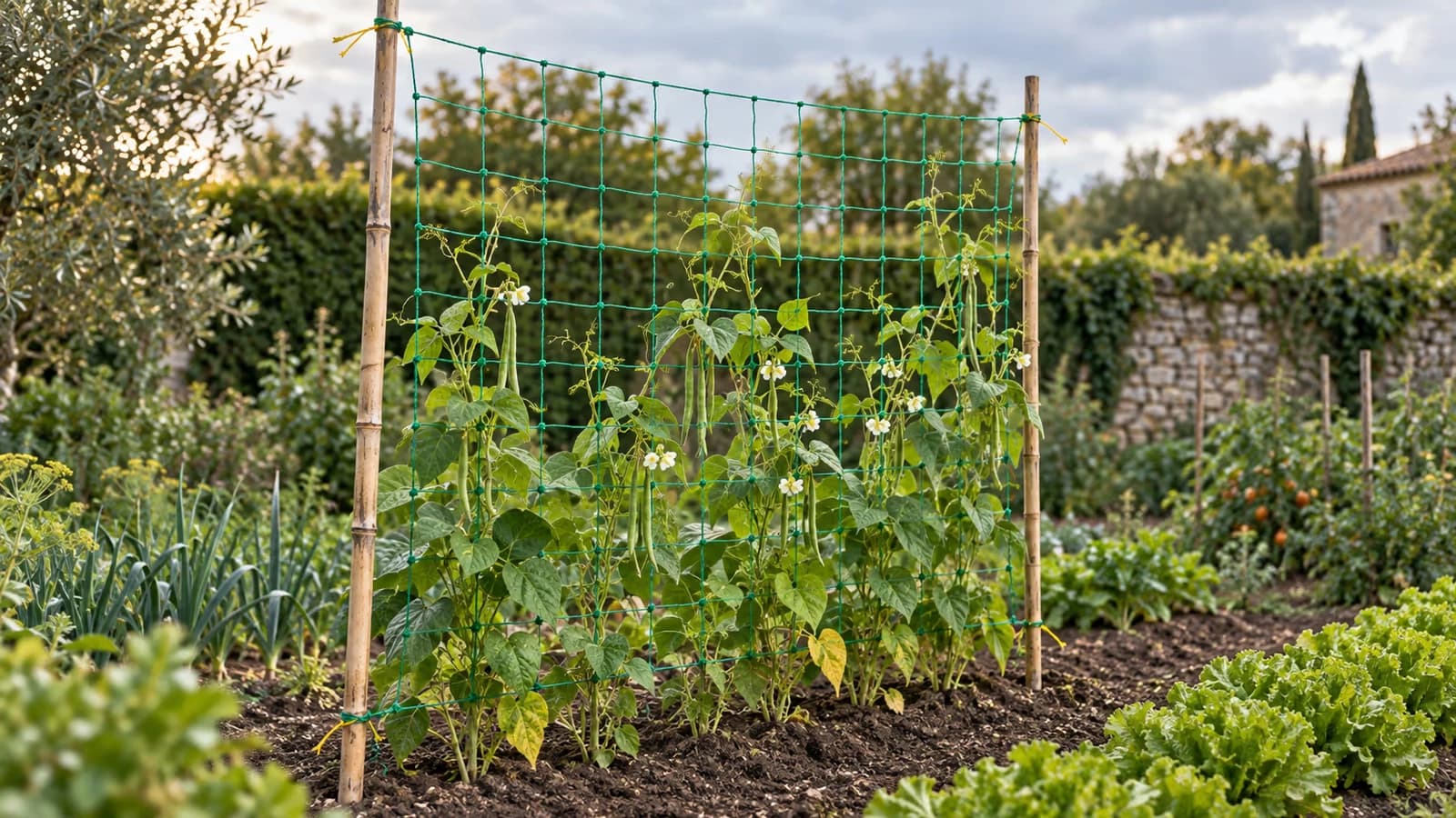 Filet à ramer vert tendu entre deux piquets sur une planche de haricots à rames, tiges enroulées dans la maille en fin d'été