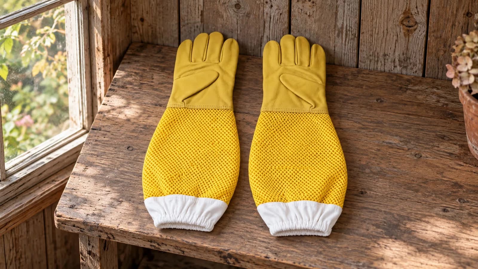 Paire de gants d'apiculteur en cuir jaune à manchons en filet, posée à plat sur une étagère de cabanon de jardin dans la lumière douce d'un matin d'automne