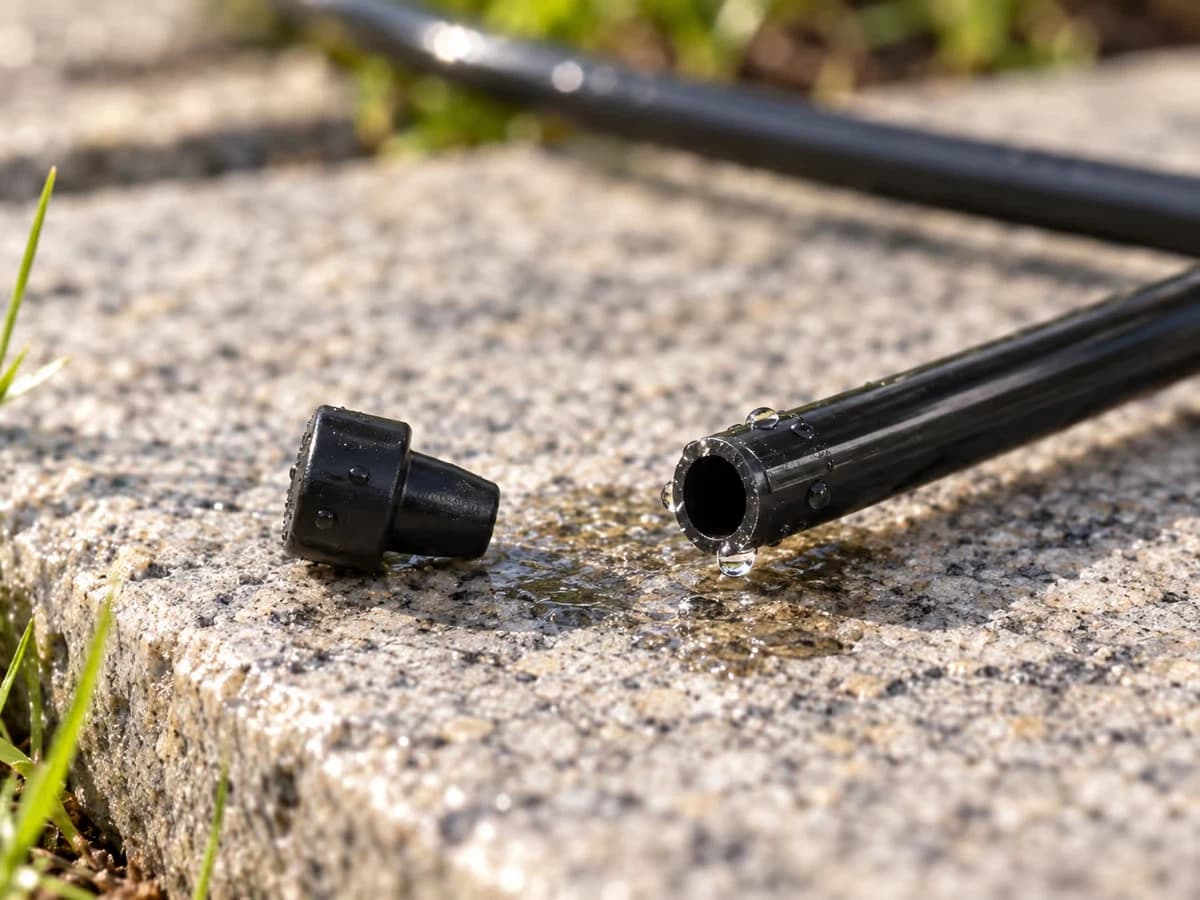 Bouchon de fin de ligne dévissé au bout d'un tuyau d'irrigation noir, posé sur une dalle de terrasse, gouttes d'eau au niveau du raccord