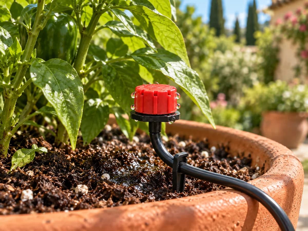 Goutteur réglable au-dessus d'une jardinière en été, tuyau noir le long du bac et terreau humide au pied du plant