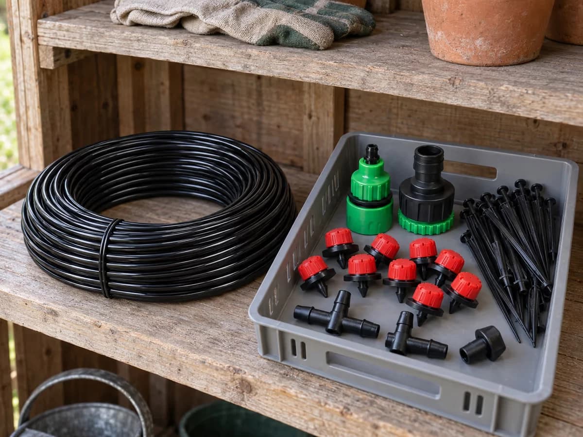 Tuyau d'irrigation lové sur une étagère de cabanon, raccords et goutteurs démontés rangés à côté dans une boîte