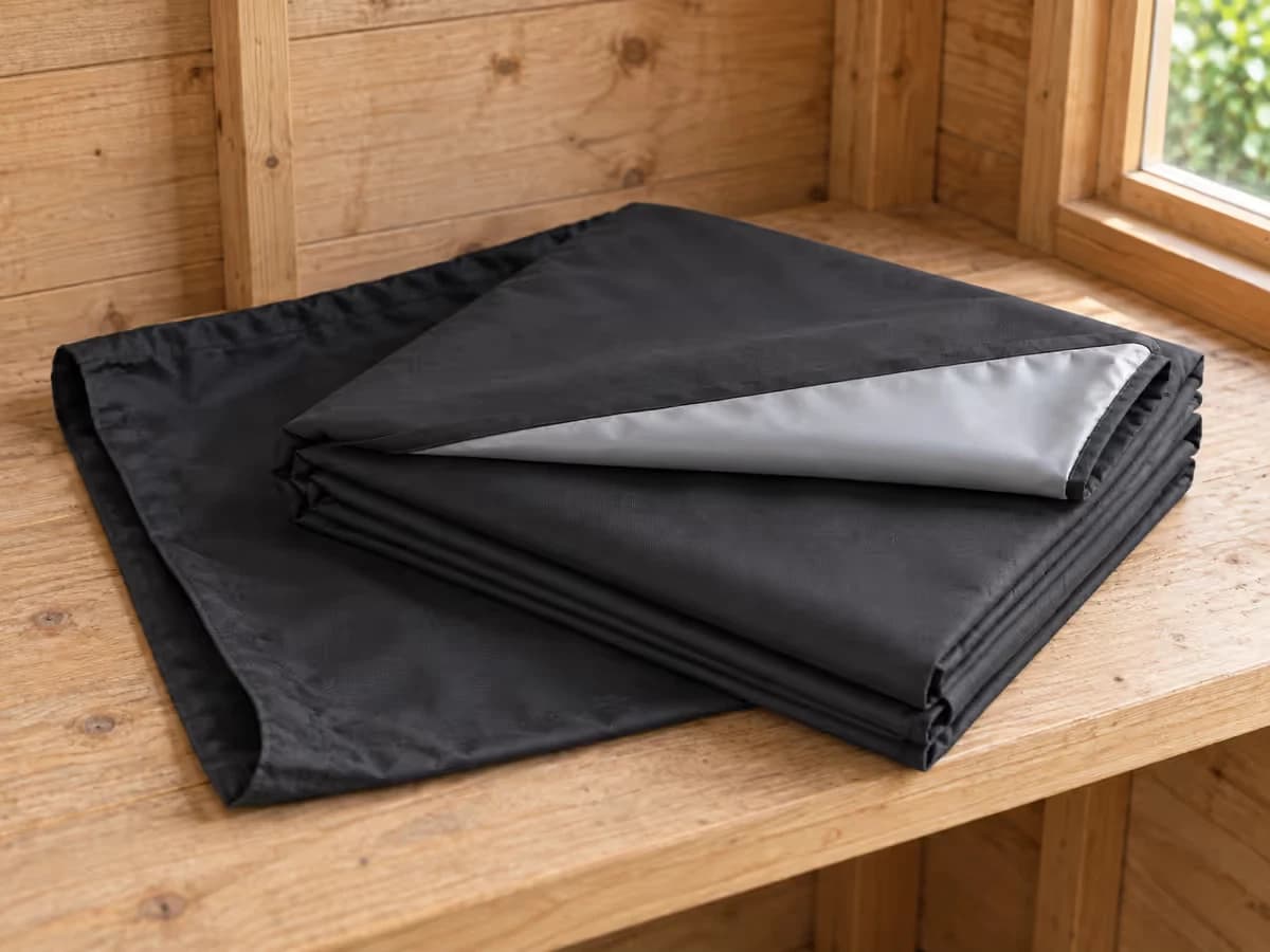 Bâche de table de jardin pliée posée sur son sac de rangement ouvert, doublure gris clair visible sur un pli, abri de jardin sec en arrière-plan