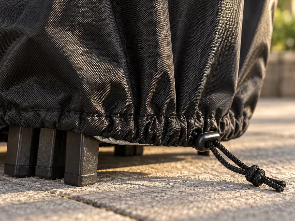 Cordon de serrage noir bloqué par un bloqueur plastique au pied d'une pile de chaises couverte, lumière rasante de fin d'après-midi