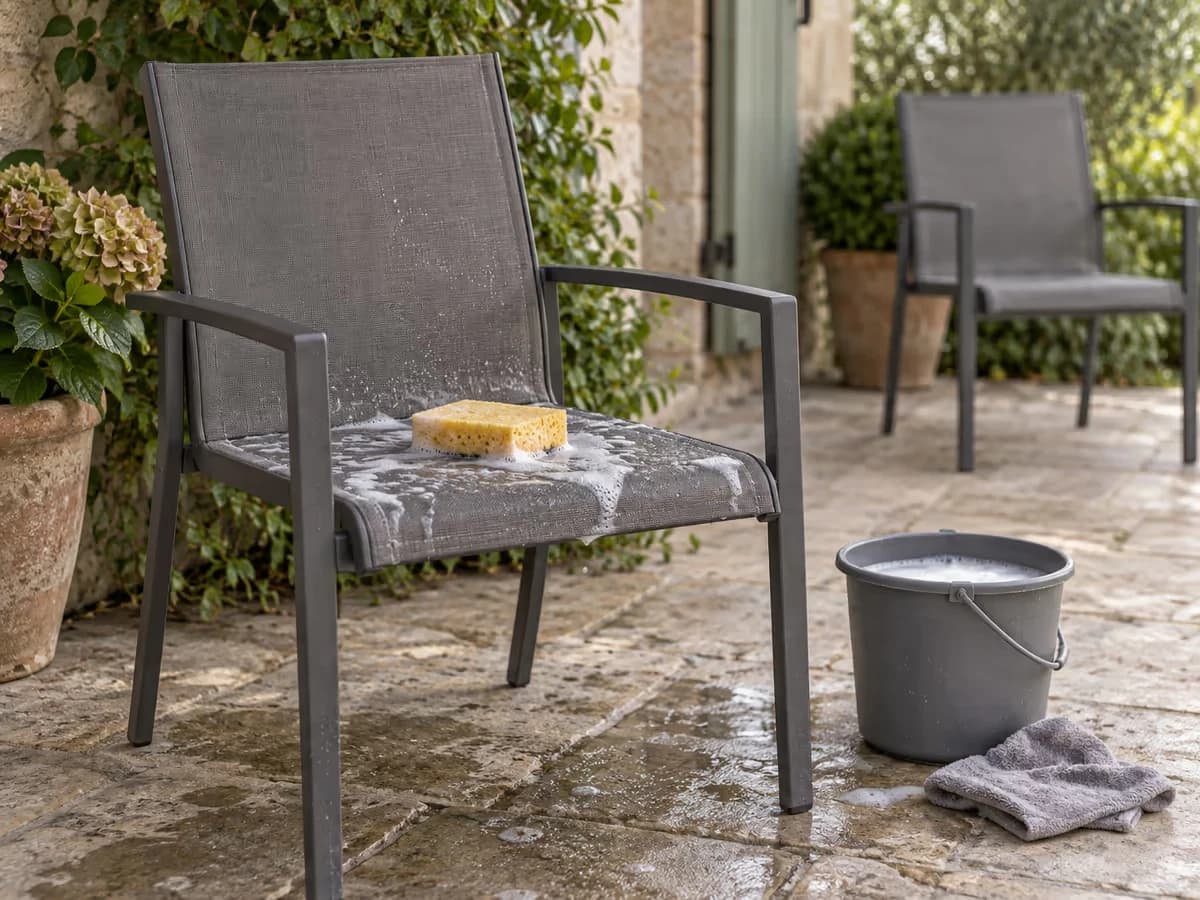 Assise de chaise en textilène gris nettoyée à l'éponge humide sur une terrasse à l'ombre, seau d'eau savonneuse posé au sol