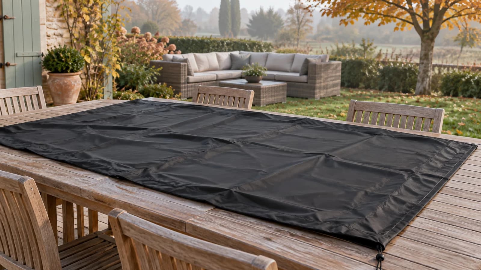 Housse noire à cordon retirée d'un salon de jardin en résine tressée, étendue sur une table de terrasse un matin d'octobre