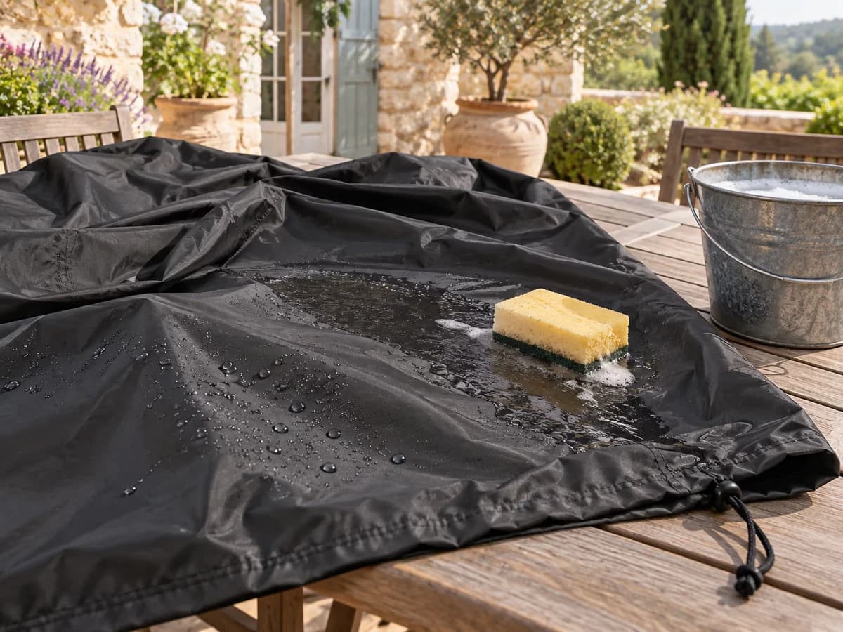 Toile noire de housse étendue sur une table de terrasse, nettoyée à l'éponge humide, seau d'eau savonneuse posé à côté
