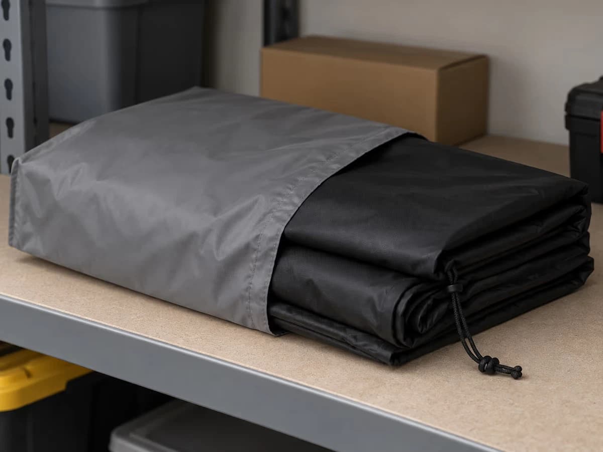 Toile de housse pliée en large glissée dans un sac de rangement gris, posée sur une étagère de garage à l'abri de la lumière