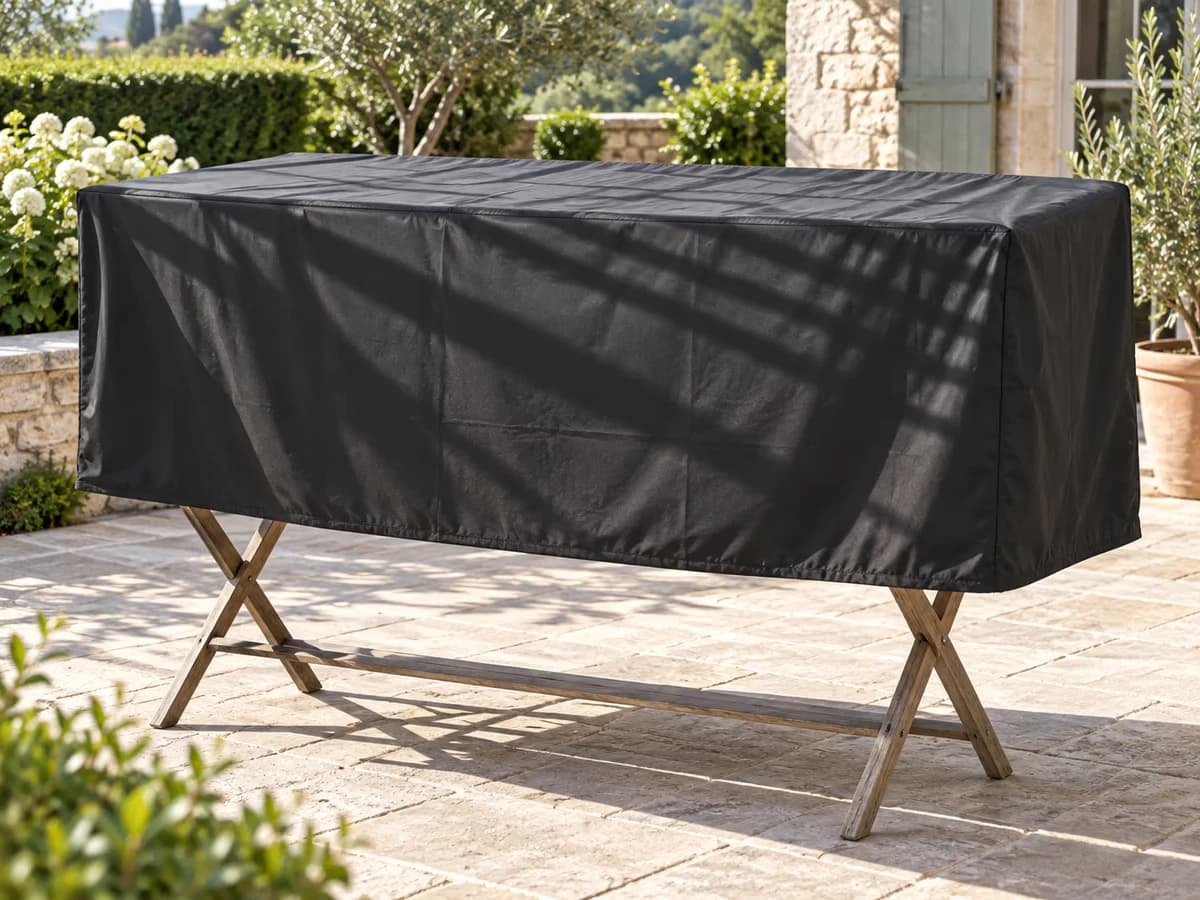 Toile de housse noire étendue en entier sur un étendage de terrasse, soleil léger de fin de matinée, ombre nette sur les lattes
