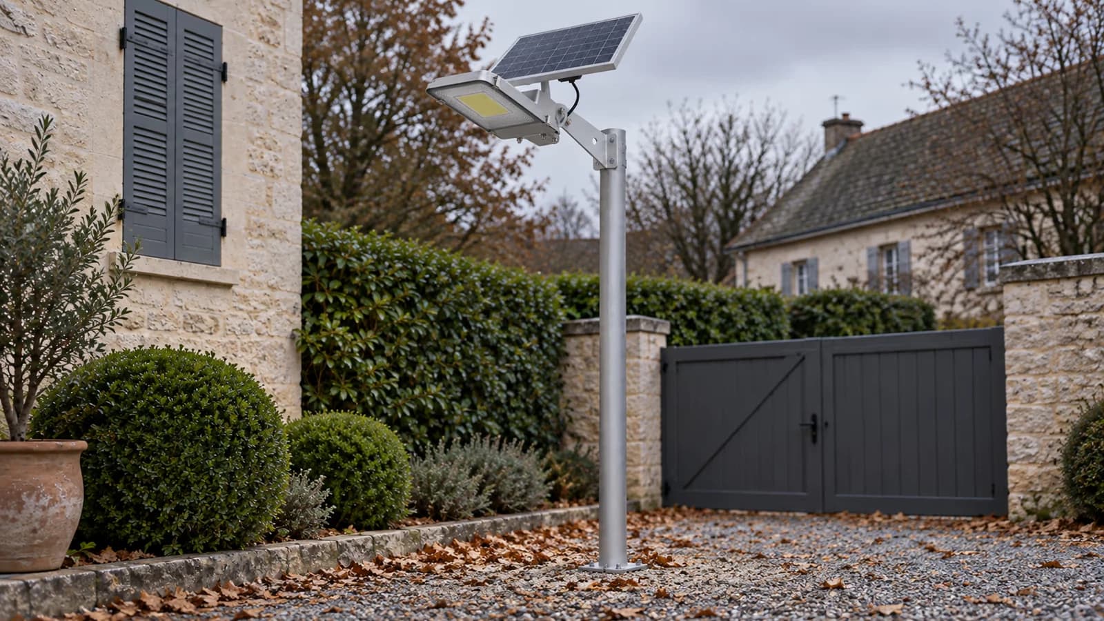 Lampadaire solaire en aluminium sur son mât dans une cour en fin d'automne, panneau porté par le bras au-dessus du luminaire, feuilles mortes au pied